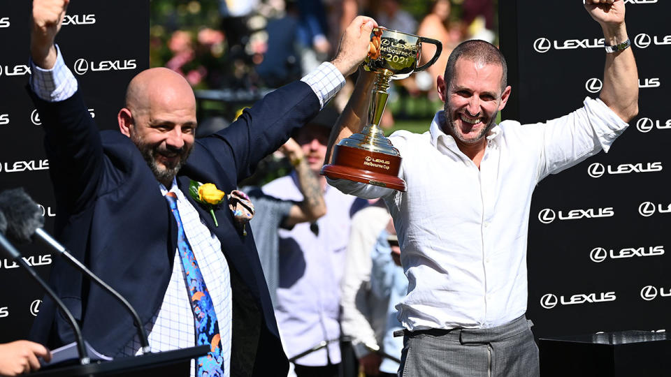 Ozzie Kheir and Brae Sokolski, pictured here celebrating Verry Elleegant's victory in the Melbourne Cup.