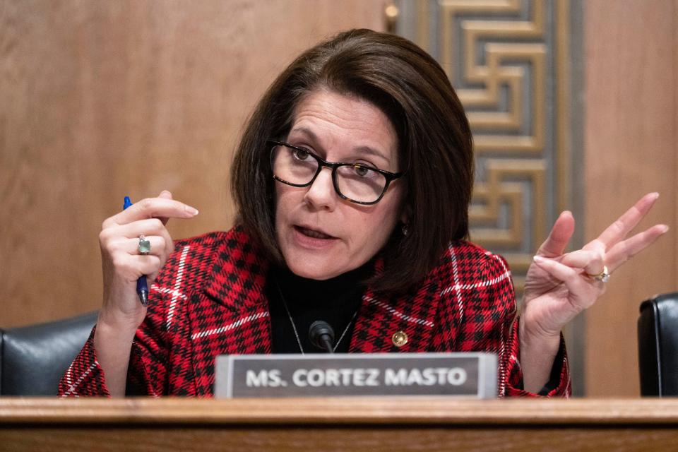 Sen. Catherine Cortez Masto, D-Nev., is a lead sponsor of a Senate bill that aims to get xylazine off the streets. In this file photo, she questions Treasury Secretary Janet Yellen during a Senate Finance committee hearing about President Joe Biden's proposed budget request for the fiscal year 2024, Thursday, March 16, 2023, on Capitol Hill in Washington.