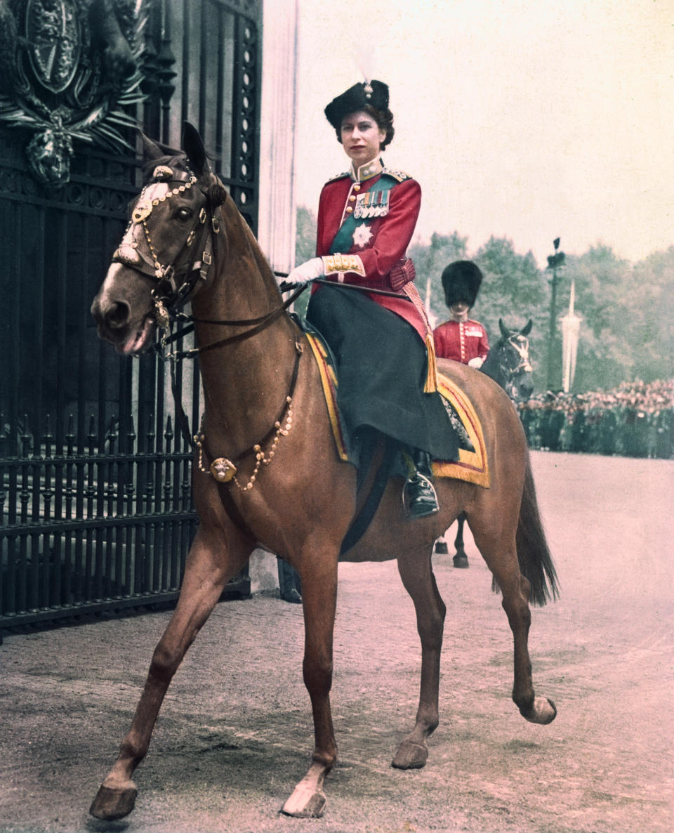 Queen Elizabeth on horseback during the Trooping of the Colour