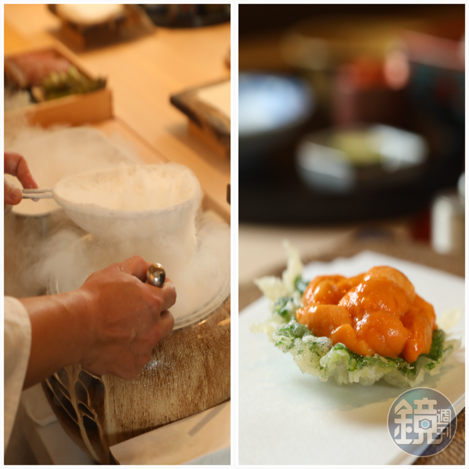 「元一」料理長示範承襲東京米其林一星天婦羅的液態氮去除麵粉水分絕招；右為招牌菜「紫蘇海膽」。