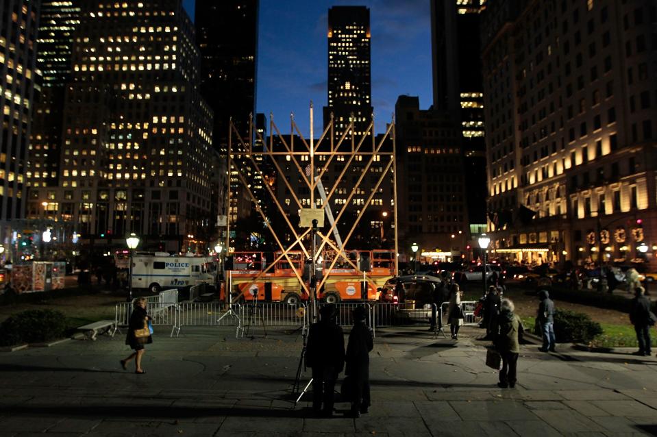 Billed as the World's Largest Chanukah Menorah, the steel frame stands on Fifth Avenue and 59th Street across from Central Park and is lit each evening during to mark the Jewish holiday.