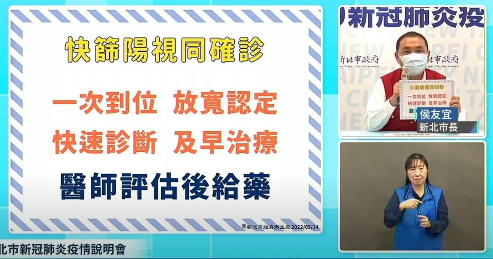 侯友宜建議可省略快篩陽者還要採檢PCR程序，趕快把「快篩陽視同確診」一次到位。   圖：翻攝我的新北市YT直播