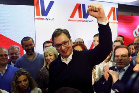 Serbian Prime Minister and presidential candidate Aleksandar Vucic celebrates his win in presidential election at his headquarters in Belgrade, Serbia, April 2, 2017. REUTERS/Antonio Bronic