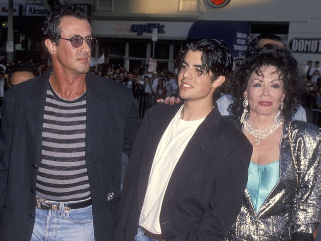 <p>Ron Galella, Ltd./Ron Galella Collection/Getty</p> Sylvester Stallone, son Sage Stallone and mother Jackie Stallone attend the "True Lies" Westwood Premiere on July 12, 1994.