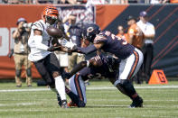 Cincinnati Bengals wide receiver Ja'Marr Chase, left, is unable to catch quarterback Joe Burrow's pass as Chicago Bears defensive back DeAndre Houston-Carson (36) and Kindle Vildor (22) defend during the first half of an NFL football game Sunday, Sept. 19, 2021, in Chicago. (AP Photo/David Banks)