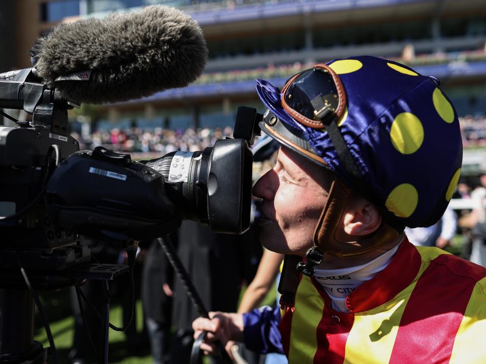 James McDonald riding Nature Strip celebrates victory in the The King's Stand Stakes during Royal Ascot 2022.