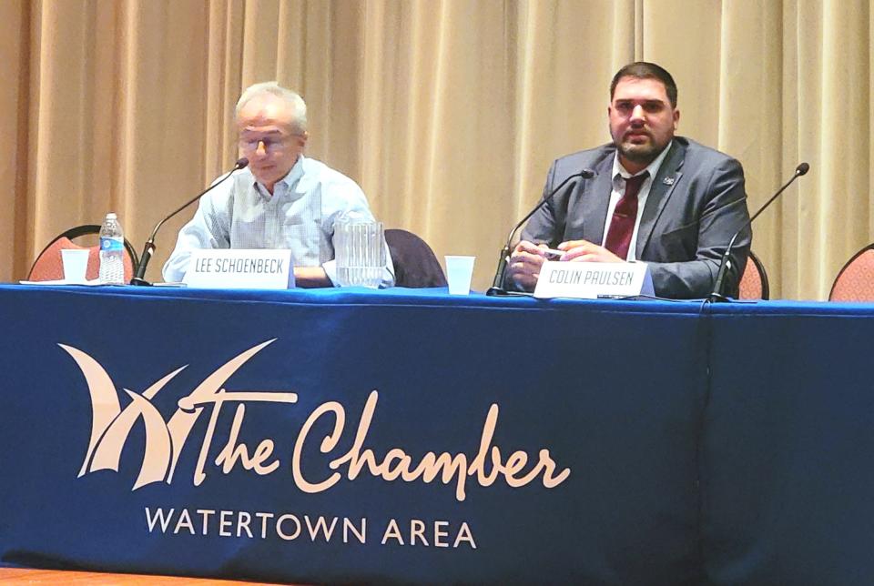 Lee Schoenbeck, left, and Colin Paulsen during the District 5 Senate candidate forum Tuesday night.