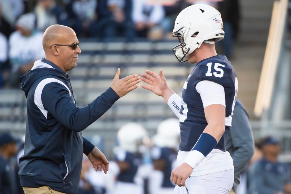 Penn State coach James Franklin, left, must help returning starting quarterback Drew Allar unlock his big downfield passing possibilities in 2024. How much will coordinator Andy Kotelnicki's new offensive schemes help?