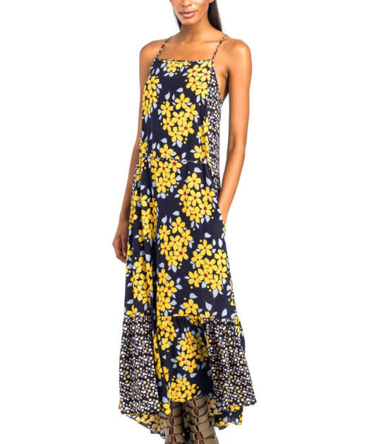 Suno Navy Floral Print Silk Maxi Dress