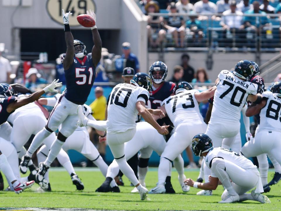 Houston Texans defensive end Will Anderson Jr. (51) bats down a field goal attempt by Jacksonville Jaguars place kicker Brandon McManus (10) during second quarter action. The loose ball was recovered by Tennessee. The Jacksonville Jaguars hosted the Houston Texans at EverBank Stadium in Jacksonville, Fla. Sunday, September 24, 2023. The Jaguars trailed 17 to 0 at the end of the first half.