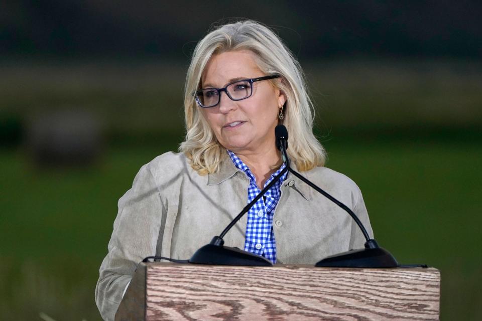 Rep. Liz Cheney, R-Wyo., speaks Tuesday, Aug. 16, 2022, at an Election Day gathering in Jackson, Wyo. Challenger Harriet Hageman has defeated Cheney in the primary. (AP Photo/Jae C. Hong) ORG XMIT: WYJH205