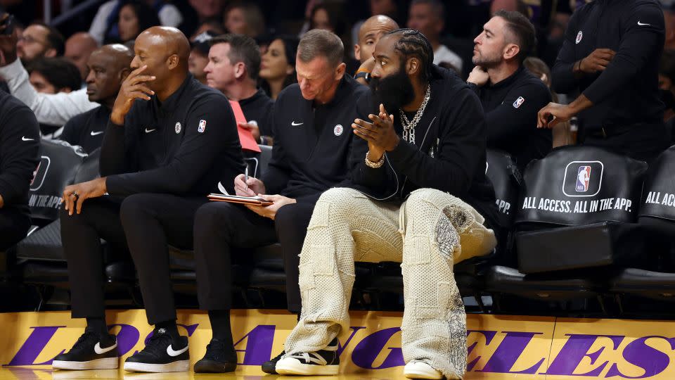 New Clipper James Harden looks on from the bench during the first quarter against the Lakers. - Katelyn Mulcahy/Getty Images