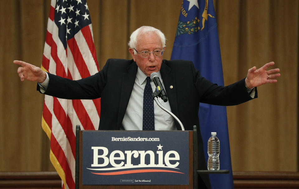 Democratic presidential candidate Sen. Bernie Sanders, I-Vt., speaks at a campaign event Thursday, May 30, 2019, in Henderson, Nev. (AP Photo/John Locher)