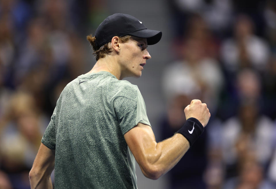 NEW YORK, NEW YORK - SEPTEMBER 2: Jannik Sinner of Italy reacts after winning the second set against Tommy Paul of the United States during their men's singles fourth round match on day eight of the 2024 US Open at the USTA Billie Jean King National Tennis Center on September 2, 2024 in the Flushing neighborhood of Queens in New York City. (Photo by Sarah Stier/Getty Images)