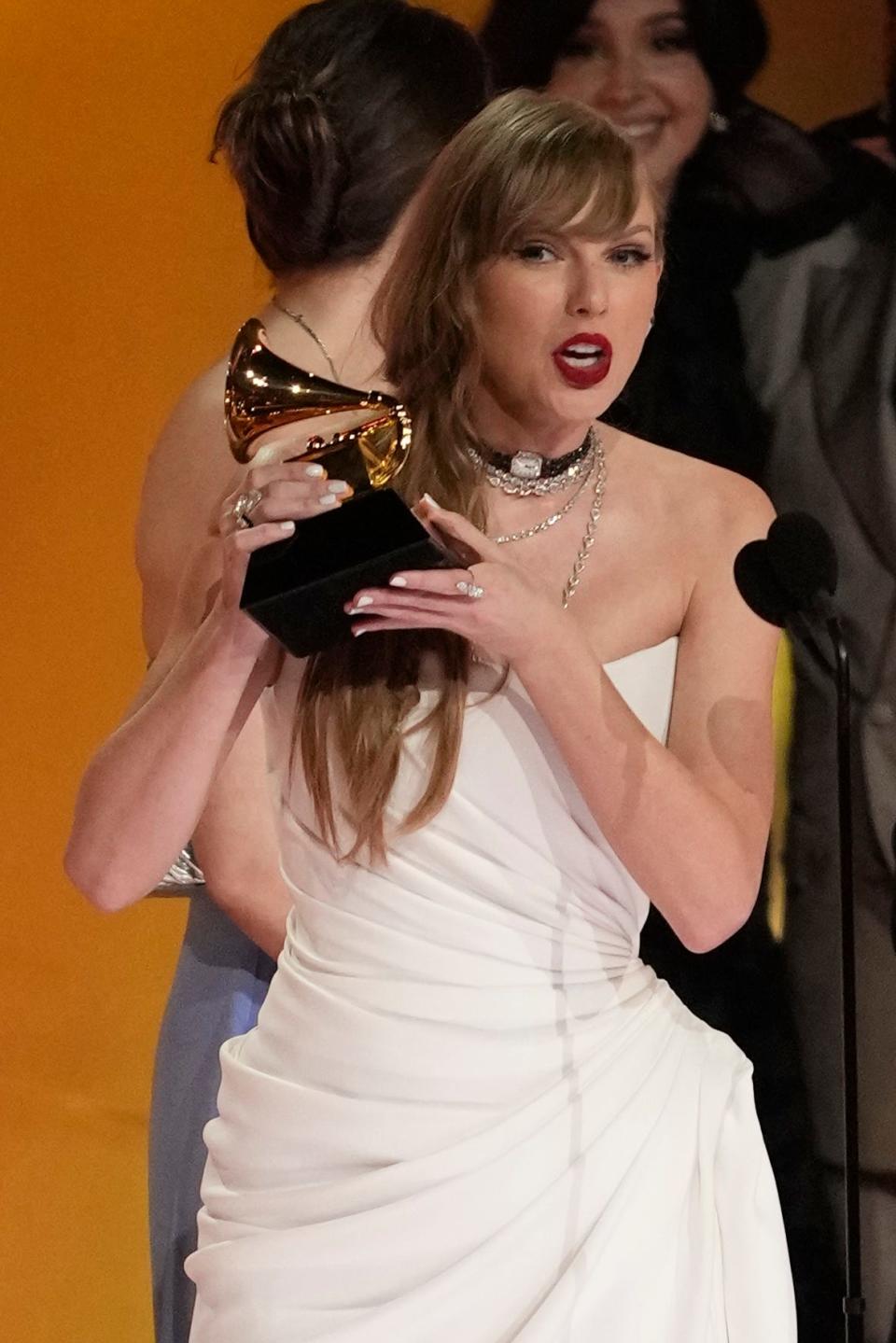 Taylor Swift accepts the award for Album Of The Year during the 66th Annual Grammy Awards at Crypto.com Arena in Los Angeles on Sunday, Feb. 4, 2024. Mandatory Credit: Robert Hanashiro-USA TODAY