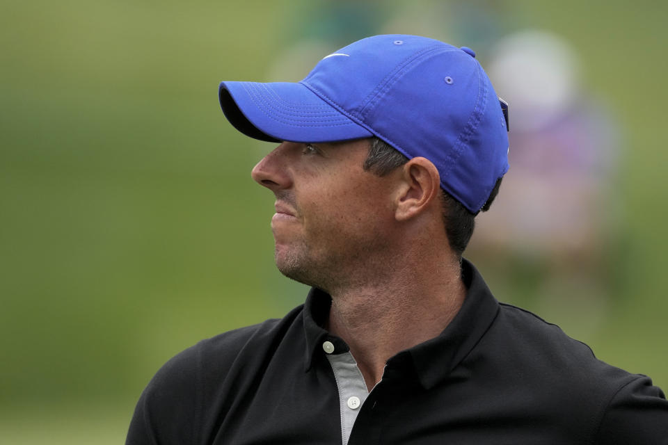 Rory McIlroy, of Northern Ireland watches his tee shot on the 17th hole during the first round of the Masters golf tournament on Thursday, April 8, 2021, in Augusta, Ga. (AP Photo/Charlie Riedel)