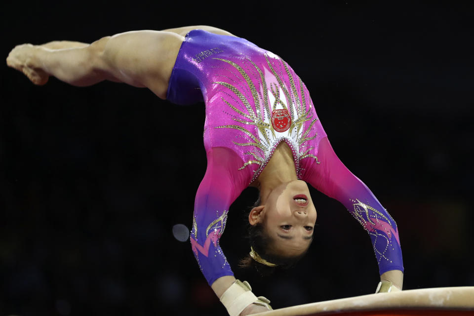 Tang Xijing of China performs on the vault in the women's all-around final at the Gymnastics World Championships in Stuttgart, Germany, Thursday, Oct. 10, 2019. (AP Photo/Matthias Schrader)