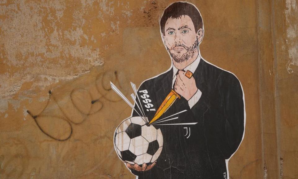 A mural in Rome depicting Juventus president Andrea Agnelli puncturing a football with a knife