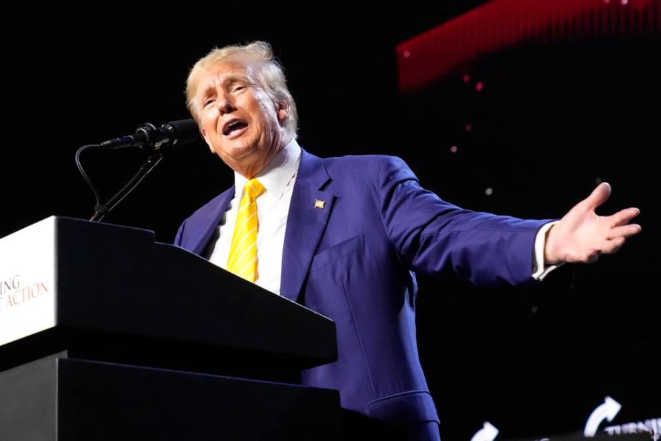 Republican presidential candidate and former President Donald Trump speaks at a campaign rally in Phoenix, Arizona, on Thursday 6 June 2024 (Rick Scuteri/AP)