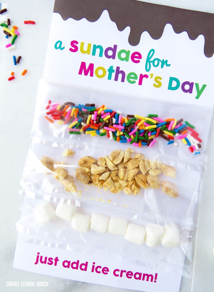 <p>The best way to celebrate Mom's special Sunday? With a big ol' sundae topped with colorful sprinkles, nuts and marshmallows.</p><p><em><a href="https://www.smartschoolhouse.com/diy-crafts/sundae-for-mothers-day/2" rel="nofollow noopener" target="_blank" data-ylk="slk:Get the tutorial at Smart School House »;elm:context_link;itc:0;sec:content-canvas" class="link ">Get the tutorial at Smart School House »</a></em> </p>