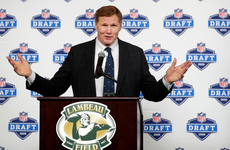 Green Bay Packers president and CEO Mark Murphy speaks during a press conference on May 24, 2023, following the announcement that the 2025 NFL Draft will be held in and around Lambeau Field.