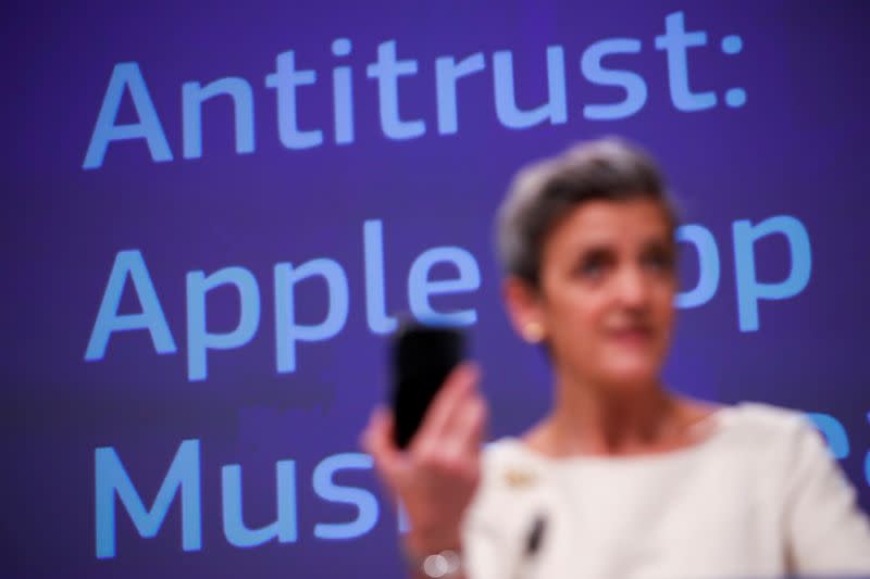 FILE PHOTO: EU's Vestager holds a news conference on Apple anti-trust complaint