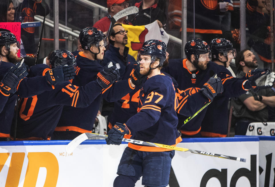 Edmonton Oilers center Connor McDavid (97) celebrates his goal against the Colorado Avalanche during the first period of Game 3 of the NHL hockey Stanley Cup playoffs Western Conference finals, Saturday, June 4, 2022, in Edmonton, Alberta. (Jason Franson/The Canadian Press via AP)