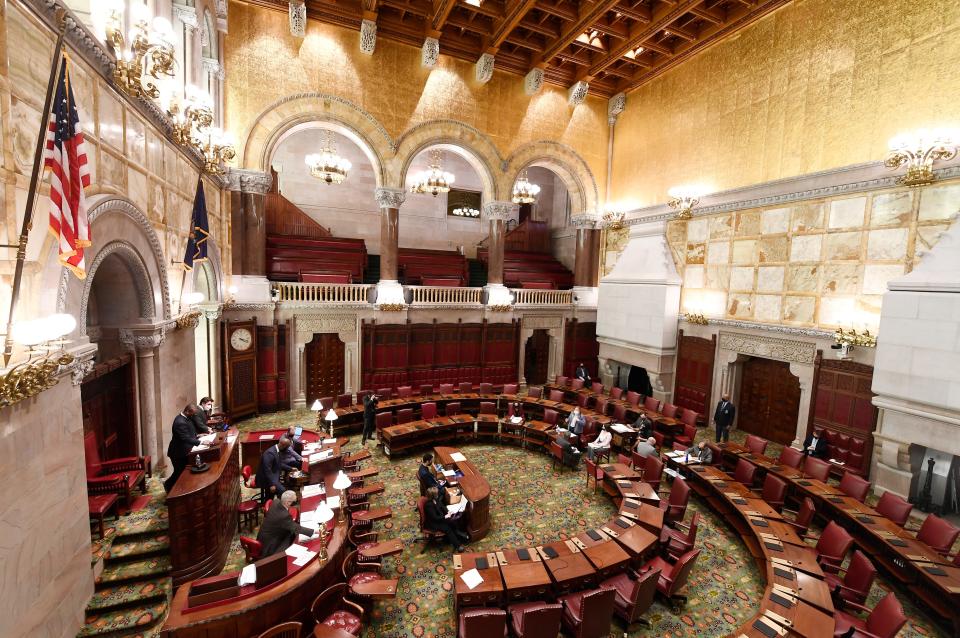 State Sen. Liz Krueger, D-New York, debates legislation during a Legislative Session in the Senate Chamber at the New York State Capitol in 2021, in Albany, N.Y.