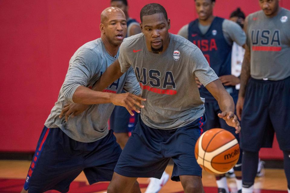 USA basketball assistant coach Monty Williams and USA guard Kevin Durant (5) are seen during a USA basketball practice at Mendenhall Center at UNLV on July 18, 2016, in Las Vegas.