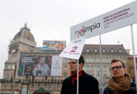 Activists of the opposition Momentum Movement collect signatures to force a referendum on the country's Olympic plans as Budapest bids for the 2024 Olympic Games, in central Budapest, Hungary, February 15, 2017.Picture taken February 15, 2017. REUTERS/Laszlo Balogh