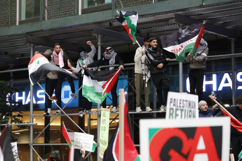 Palestine supporters march on the streets of Manhattan an Emergency Rally for Gaza event on Monday in New York City, more than 2 days after Hamas launched a surprise assault in which more than 700 people were killed. Photo by John Angelillo/UPI