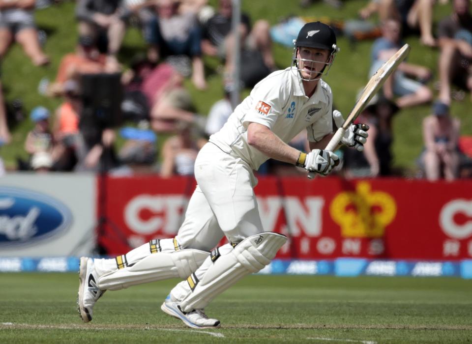 New Zealand's James Neesham plays a shot during day one of the second international test cricket match against India at the Basin Reserve in Wellington, February 14, 2014.