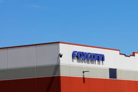 FILE PHOTO: The Foxconn company logo is seen at the facility in Mt. Pleasant