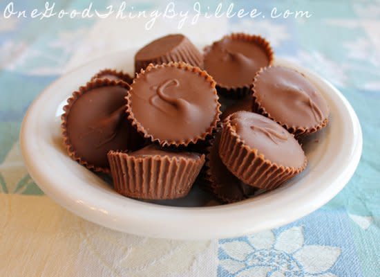 <strong>Get the <a href="http://www.onegoodthingbyjillee.com/2012/04/homemade-reeses-peanut-butter-cups.html" target="_hplink">Homemade Reese's Peanut Butter Cups recipe from One Good Thing By Jillee</a></strong>    This easy recipe uses natural peanut butter for the creamy filling. The recipe is just a matter of enveloping dollops of it in melted chocolate in mini cupcake papers.