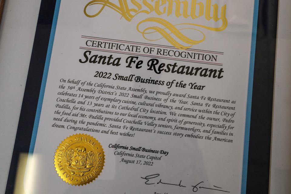 The California State Assembly recognized Sante Fe Restaurant in Coachella as the 56th Assembly District's Small Business of the Year for helping the local community during the pandemic.