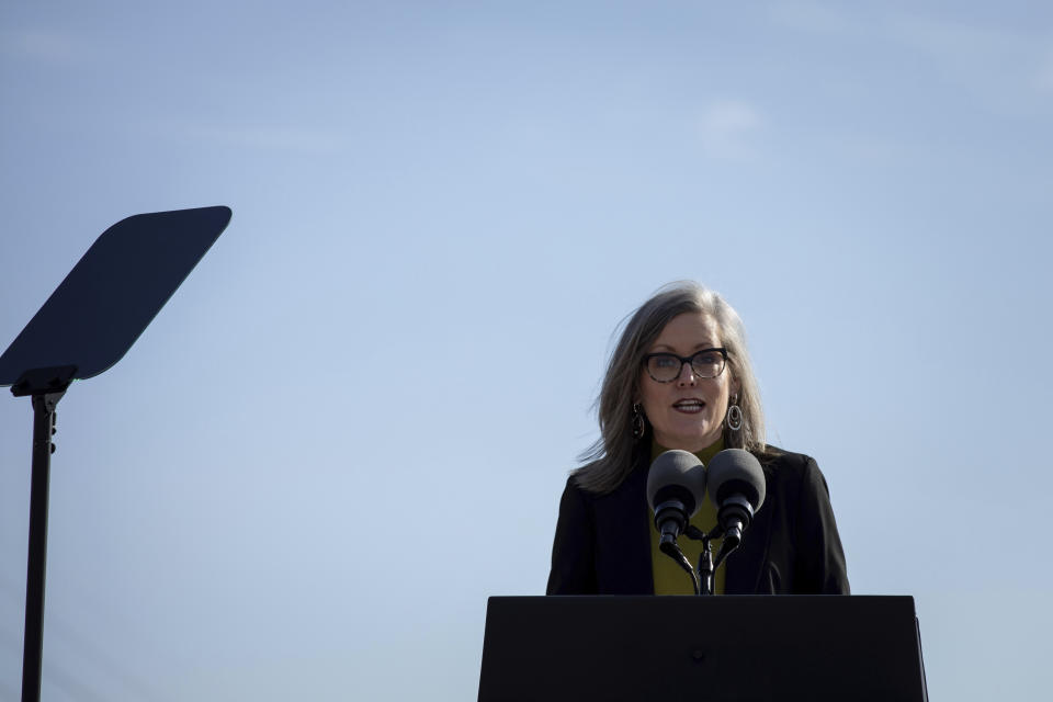 Arizona Gov. Katie Hobbs speaks at the groundbreaking ceremony of the Ten West Link transmission line, Thursday, Jan. 19, 2023, in Tonopah, Ariz. (AP Photo/Alberto Mariani)