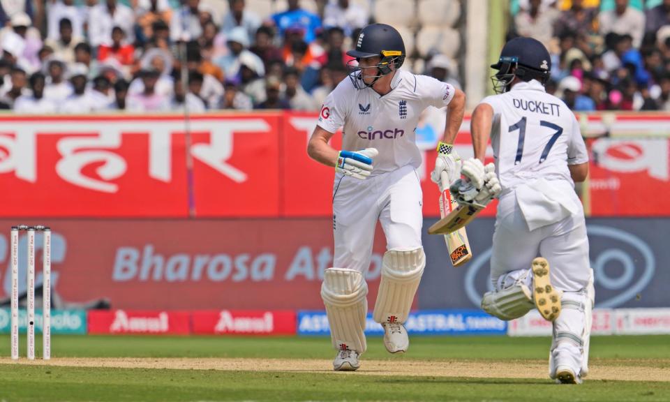 <span>England's Zak Crawley and Ben Duckett run between the wickets in the second Test against India.</span><span>Photograph: Manish Swarup/AP</span>