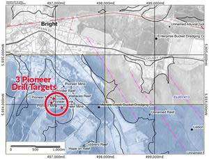 The map above shows the location of the Pioneer mine shafts and reefs and Wallace reef. The blue shaded area is on the EL6194.