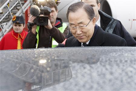 U.N. Secretary-General Ban Ki-moon arrives ahead of the Geneva-2 conference, at Geneva International Airport January 21, 2014. REUTERS/Salvatore Di Nolfi/Pool