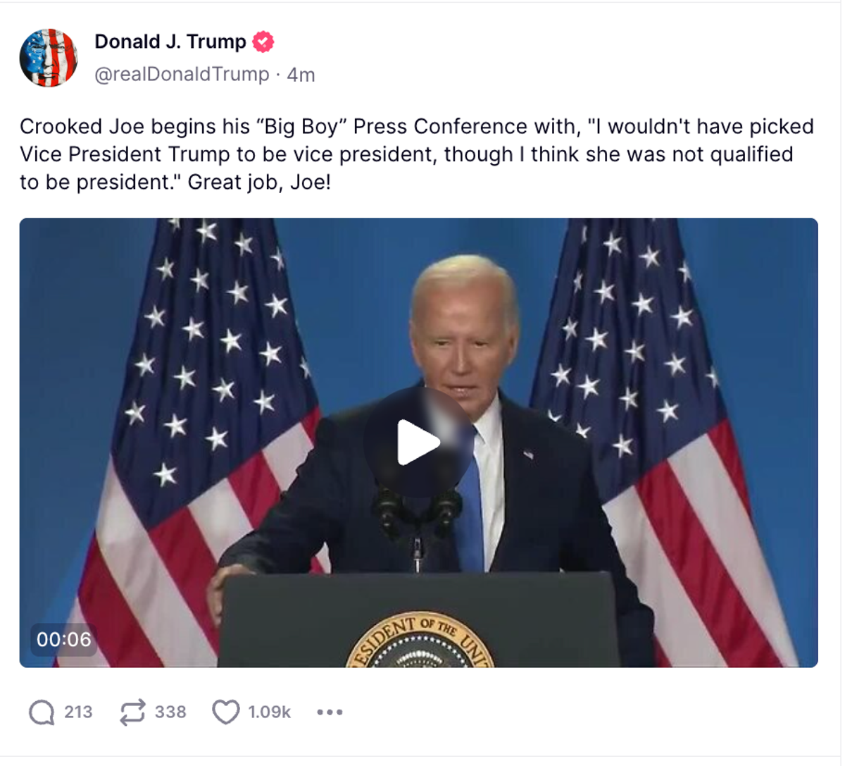 Trump delighted in Biden’s press conference slip-up, during which he confused Kamala Harris with his political rival (@realDonaldTrump)