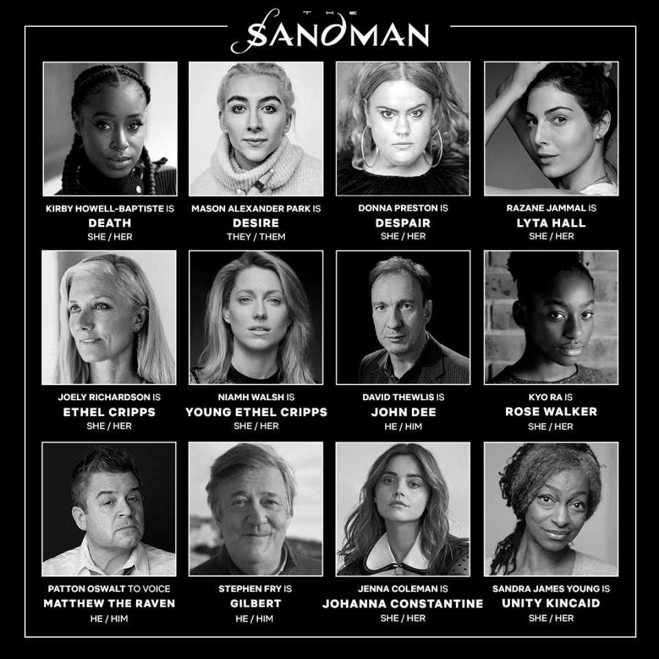 The Sandman cast as a collection of black and white headshots