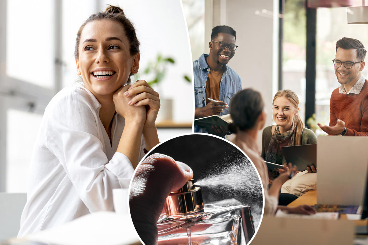 Woman smiling in an office and a man spraying perfume in a collage.