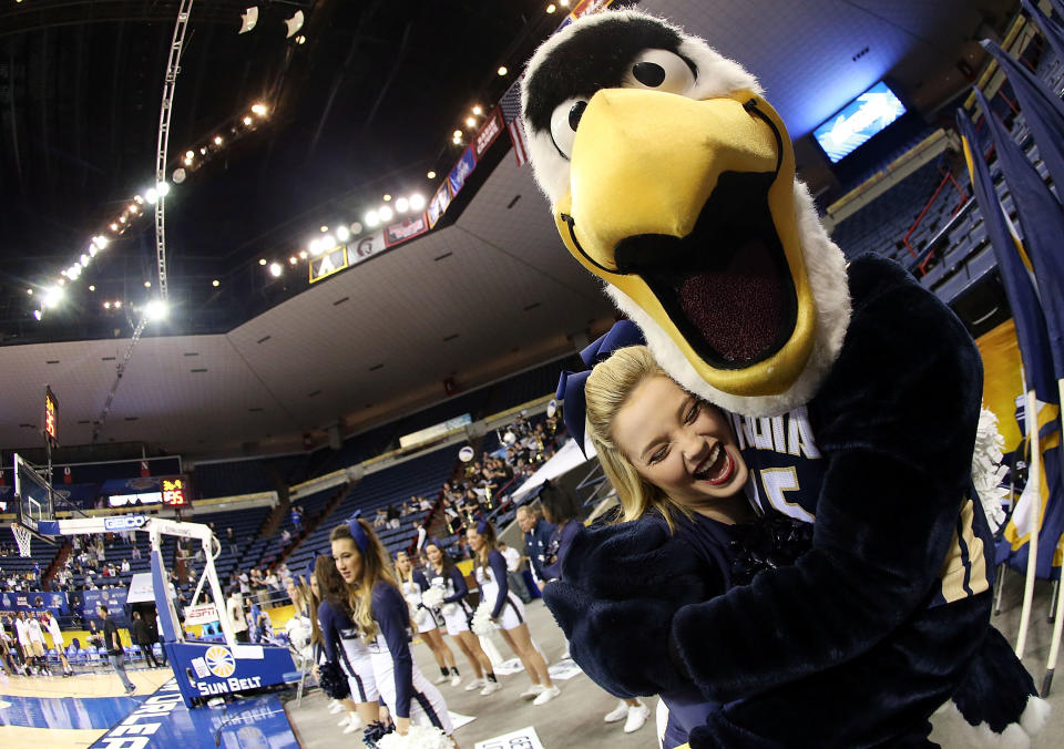 NEW ORLEANS, LA – MARCH 15: Georgia Southern Eagles cheelerders react as there team take on the Georgia State Panthersduring the Sun Belt Conference Men’s Championship game at the UNO Lakefront Arena on March 15, 2015 in New Orleans, Louisiana. (Photo by Sean Gardner/Getty Images)