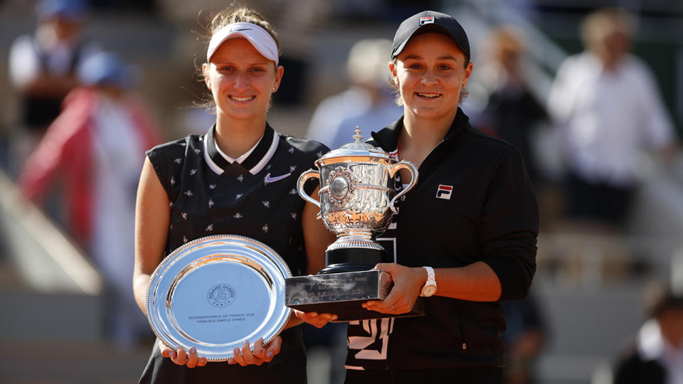 Marketa Vondrousova and Ashleigh Barty, pictured here after the 2019 French Open final.