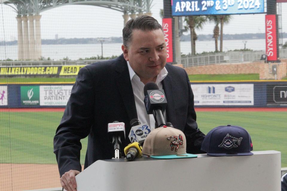 Executive Vice President of the Sultanes de Monterrey Guillermo "Willie" Gonzalez speaks during the press conference at Blue Wahoos Stadium on Thursday, Nov. 16, 2023.