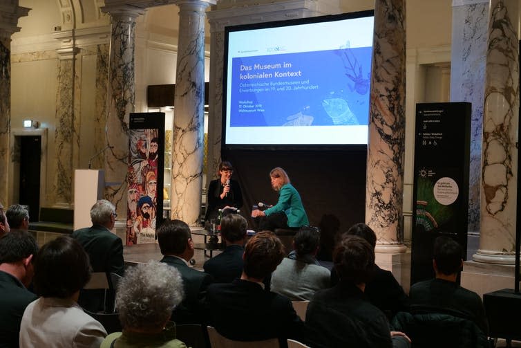 <span class="caption">Khadija von Zinnenburg Carroll and Barbara Plankensteiner discuss the Museum in the Colonial Context, Weltmuseum Vienna, October 2019.</span>