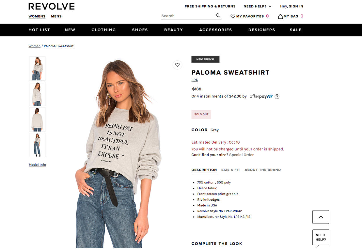 Revolve is being dragged through the mud for releasing a fat-shaming sweatshirt. (Photo: Revolve)