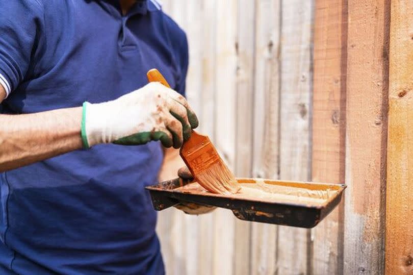 Man mixing paint in tray near wooden fence on sunny day