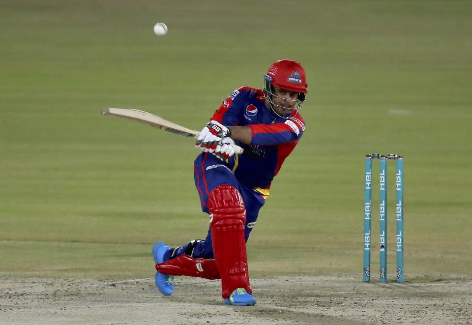 Karachi Kings' Sharjeel Khan plays a shot during a Pakistan Super League T20 cricket match between Karachi Kings and Islamabad United at the National Stadium, in Karachi, Pakistan, Wednesday, Feb. 24, 2021. (AP Photo/Fareed Khan)