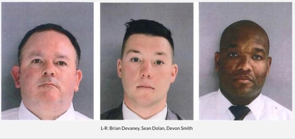 Officers Brian Devaney, Sean Dolan and Devon Smith are pictured left to right in their mugshots (Delaware District Attorney Jack Stollsteimer’s Office)